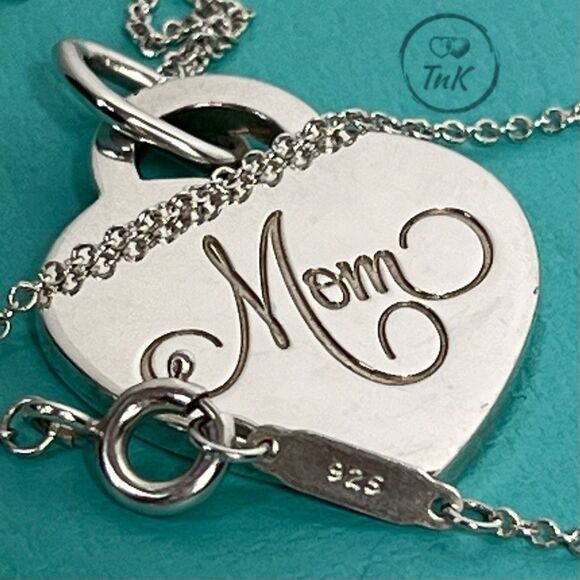 Tiffany & Co. Sterling Silver "Mom" Heart Pendant Necklace - 20” chain - Picture 6 of 13